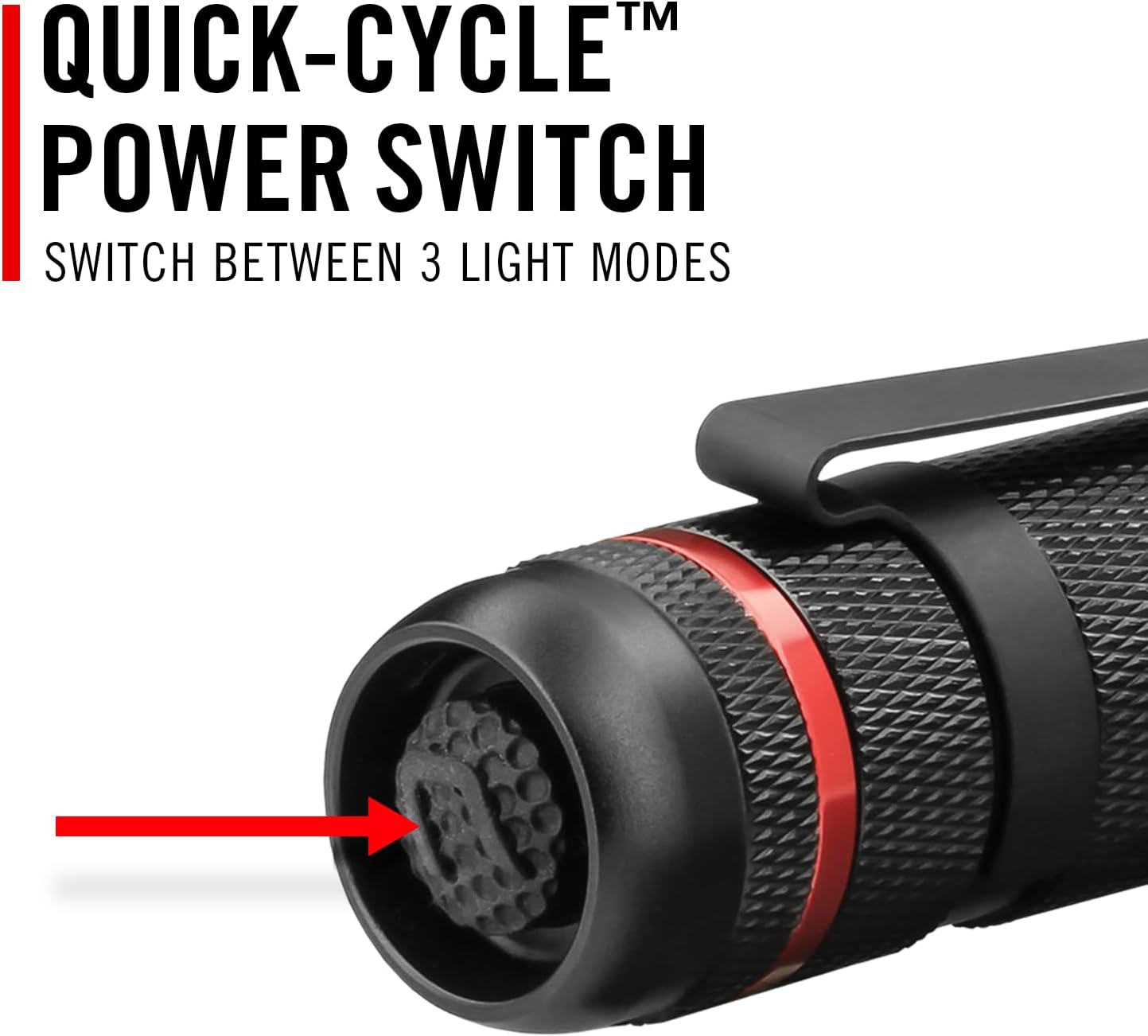Close-up of the Quick-Cycle Power Switch on the tail cap of the Coast PX1 flashlight
