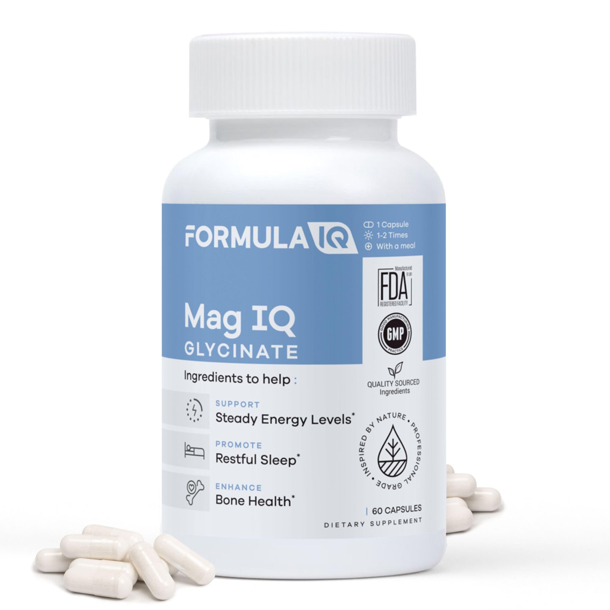 FIQ - Mag IQ Glycinate - Magnesium Bisglycinate Chelate TRAACS - High Absorption Magnesium Glycinate Supplement - Sleep, Daily Energy, & Bone Wellness - 60 Capsules