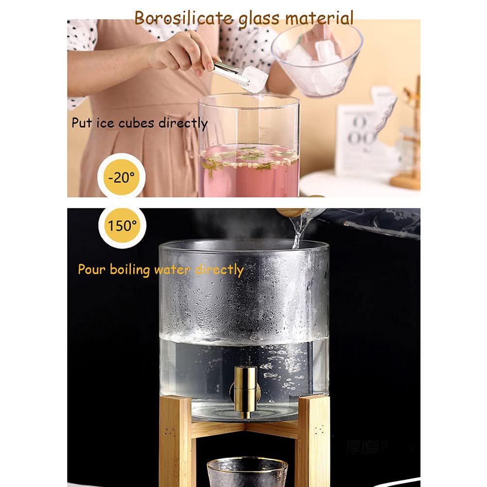 Dispensador de bebidas de vidrio con grifo de acero inoxidable 5L/8L/10L - Dispensador de bebidas a prueba de fugas con soporte de madera - Perfecto para cócteles, agua y más - Diseño de boca ancha de
