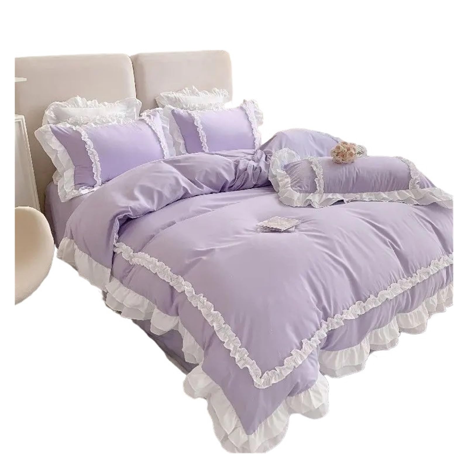 GCYEIDMA Ruffle Duvet Cover Lace Bedding Sets Bed Linen Washed Cotton Ruffle Duvet Cover Sheet and Pillowcases(Purple,200x230cm 4pcs)