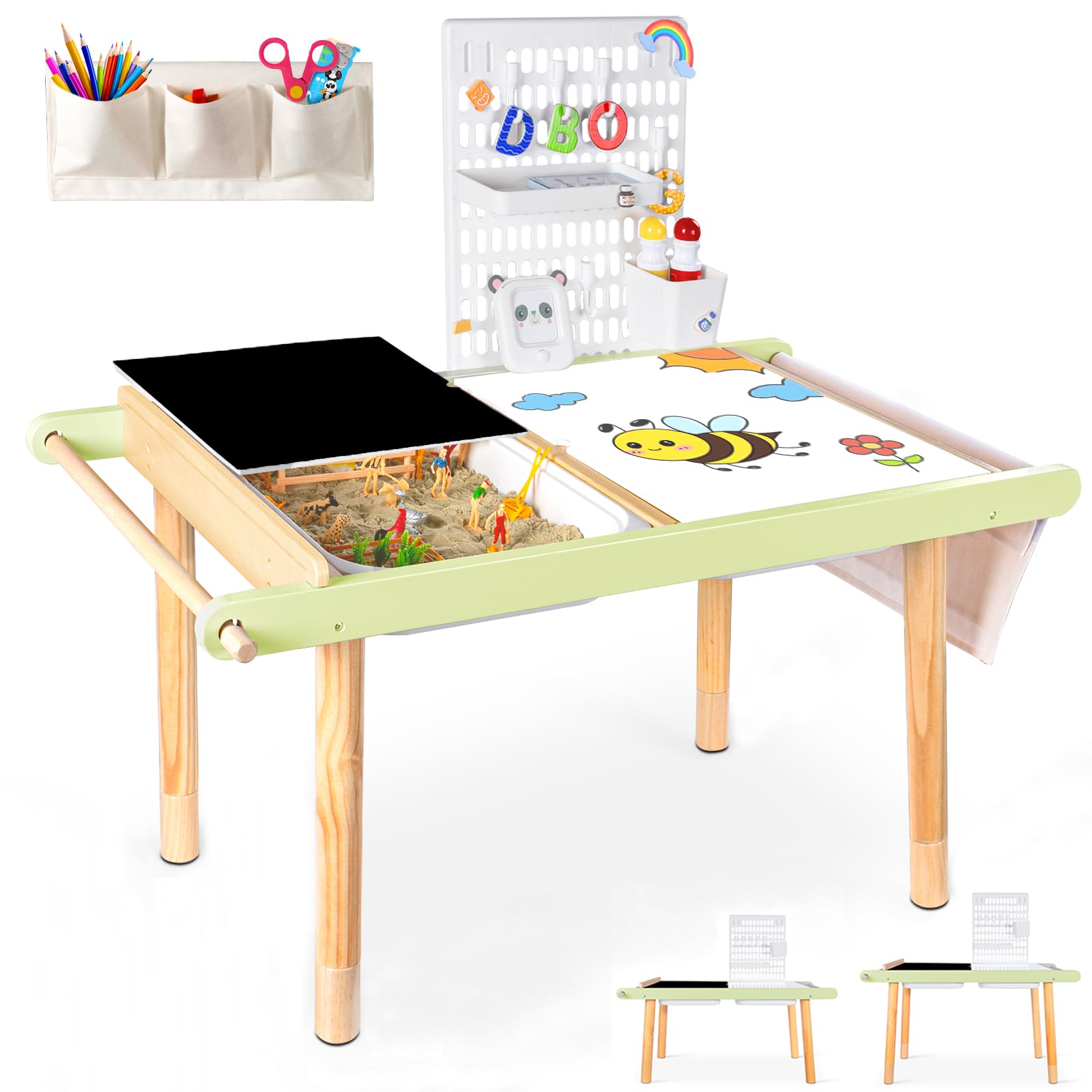 LOL-FUN Children’s Tables, Multifunctional Sensory Table with Storage Bins and Pegboard Kit, Wooden Activity Table with Blackboard and Whiteboard, Kid’s Desk for Drawing, Playing Sand and Water