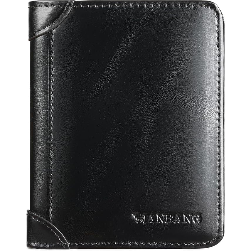 Luxury Men Wallet Genuine Cow Leather Male RFID Trifold Short Purse For Men with ID Window and Credit Card Holder (Black)