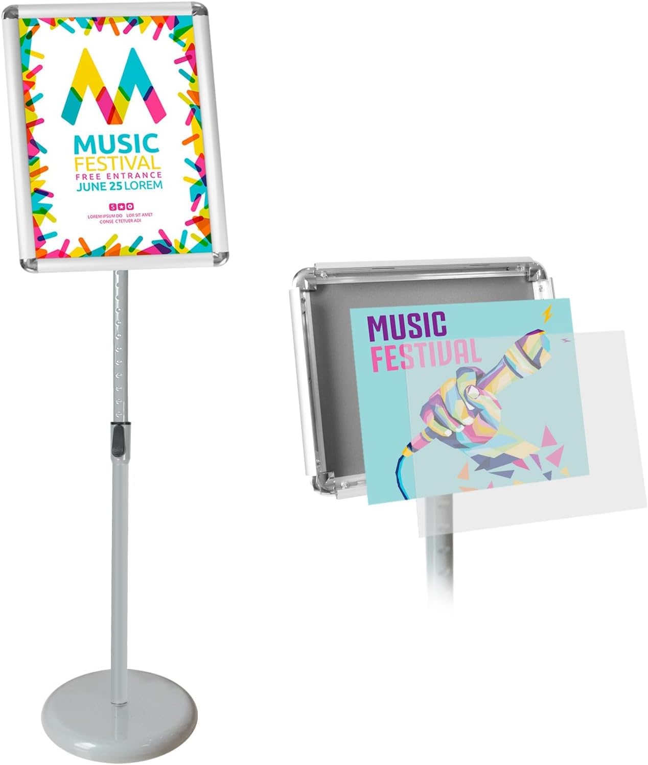 Adjustable Pedestal Sign Holder Stand, Poster Stand Aluminum Snap Open Frame for 11X17 Inches with Heavy Round Base, Both Vertical and Horizontal Sign Displayed (Sliver)