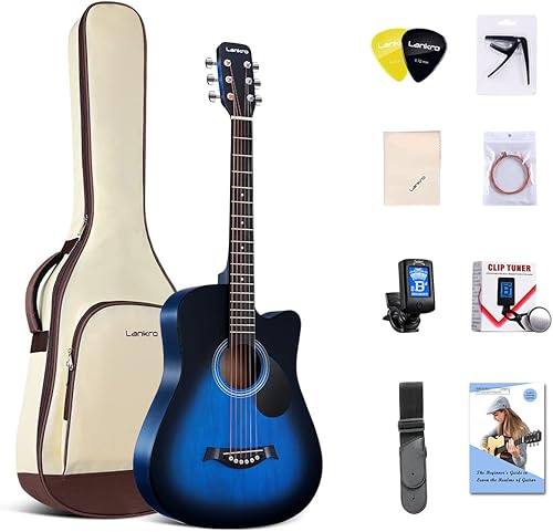 Lankro Kit de iniciaciĂłn de guitarra acĂşstica para principiantes de 38 pulgadas con tapa de tilo azul con bolsa de concierto para libros de Negro, Lankro Kit de iniciaciĂłn de guitarra acĂşstica para principiantes de 38 pulgadas con tapa de tilo azul con bolsa de concierto para libros de Negro,