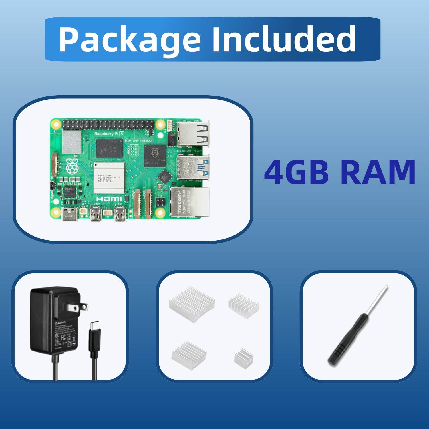 RasTech Raspberry Pi 5 Kit 4GB RAM con 27W PD Alimentatore 5.1V5A, Dissipatori di calore in alluminio e Raspberry Pi5 4GB Scheda Incluso