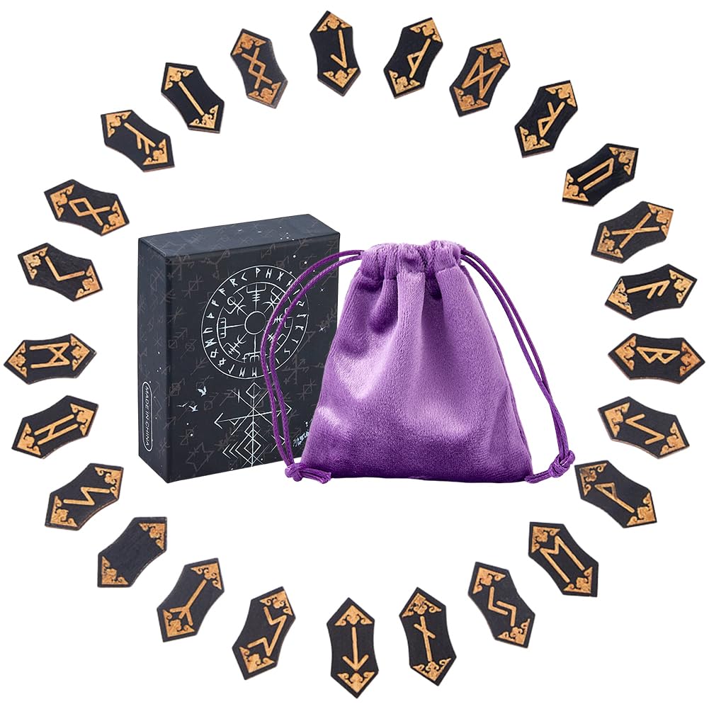DICOSMETIC 1 Set Wooden Runes Bulk Wood Witch Rune 25 Pcs Wooden Viking Rune Stone Set Black Handcrafted Runes with Velvet Pouch and Guide Book for Beginners Divination and Meditation