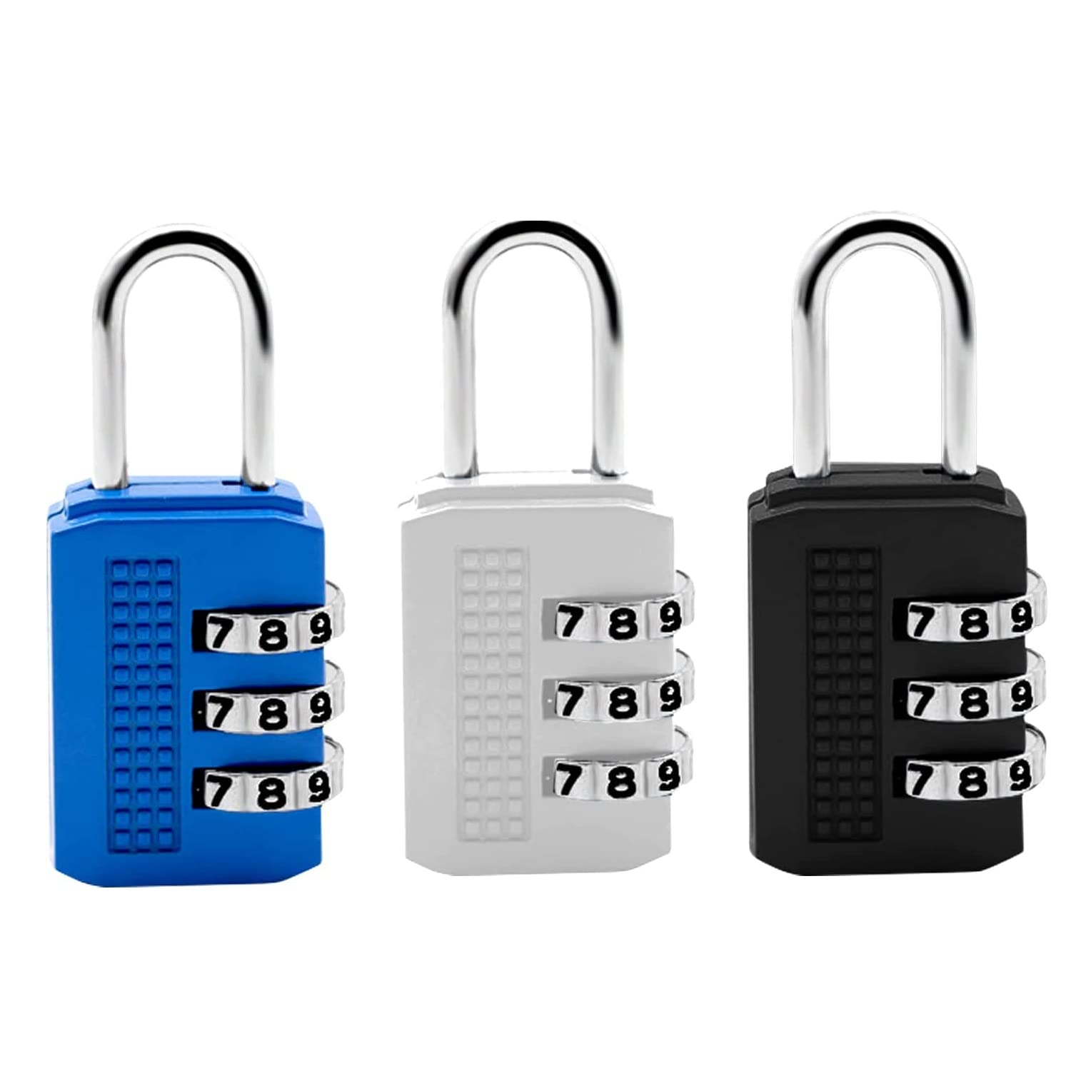 3 Pack Suitcase Padlocks, 3 Digit Combination Locker Padlock, Luggage Locks with Alloy Body Resettable Combo Lock Padlock for Suitcase Travel Bag, Suit Case Lockers Gym Bike Locks - Black Blue Silver