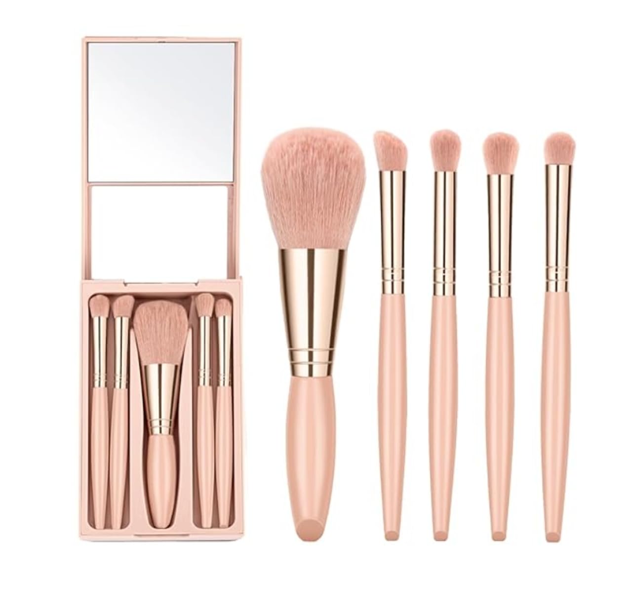IIEPECA 5Pcs Travel Makeup Brush Set with Hard Case Built-in Mirror Eyeshadow Brush, Lip Brush, Face Brush, Eyebrow brush, Foundation Brush Cosmetic Brushes for Women, Girls (Apricot)