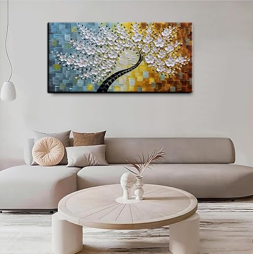 YaSheng Art -100% HandPainted Oil Painting On Canvas Texture White 3D Flower Tree Paintings Abstract Canvas Wall Art Home Bedroom Dining Room Living Room Modern Wall Decor Art Ready to hang 24x48inch - Thumbnail 5