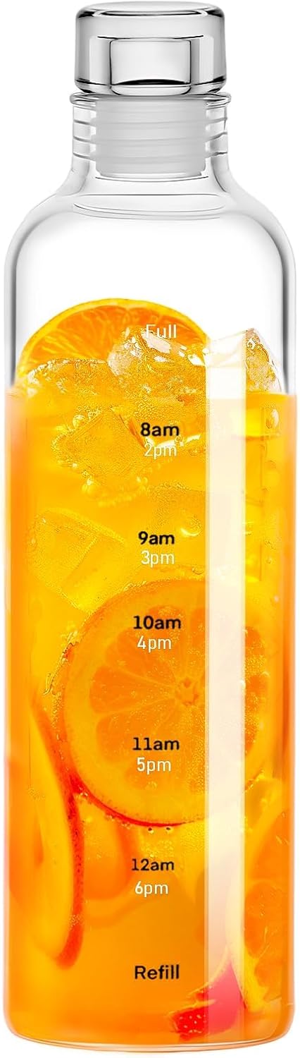Water Bottles with Lids and Time Marker,Simple Modern Transparent Glass Water Bottles, 17oz Glass Cups,for Juicing for Office, Gyms, Cafés, Gym Essentials Women