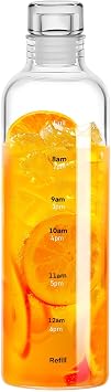 Doseno Clear Glass Water Bottle with Time Marker, Water Tracker, 17 oz