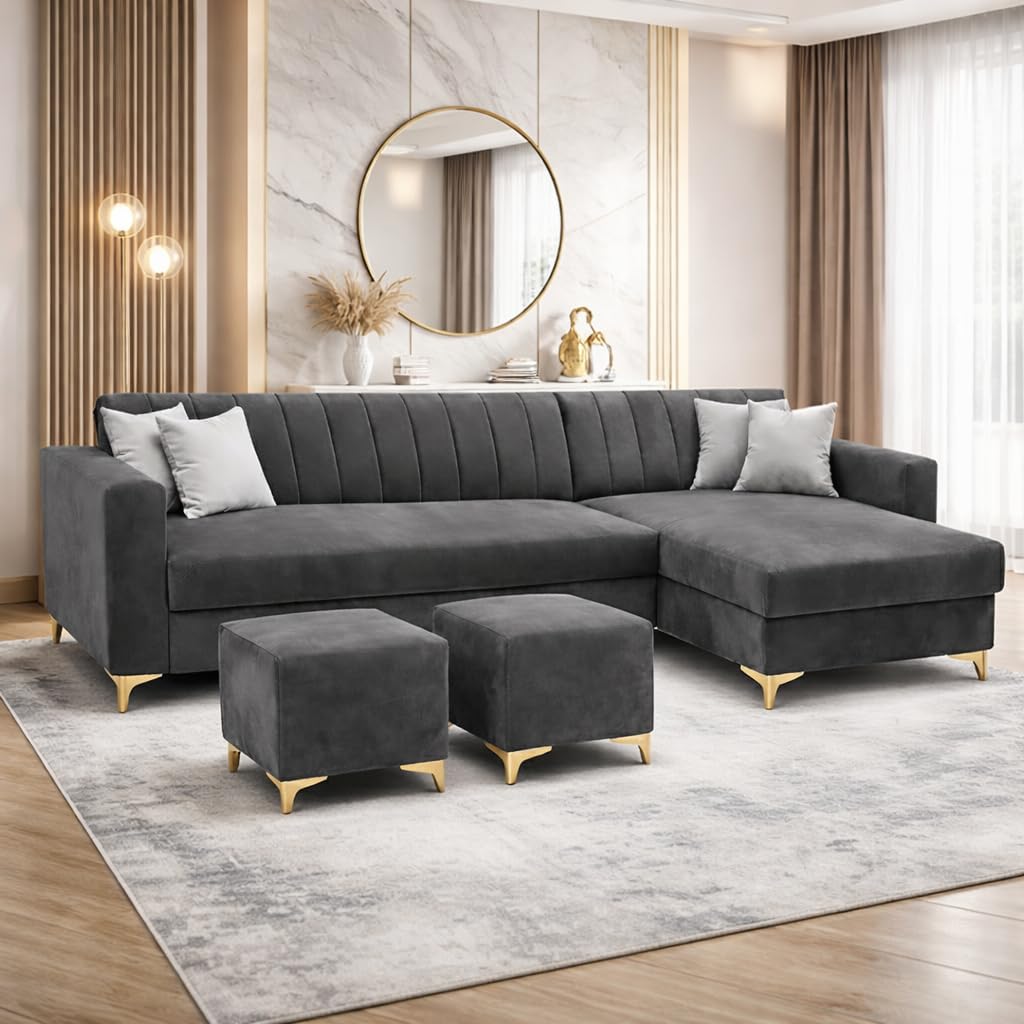 CASACOMFORT Frida Rich Velvet Suede 5 Seater L Shape Sofa Set with 2 Ottomans | Golden Aesthetic Legs | Spacious Soft Touch Comfort Seating | Modern Sectional Sofa for Living Room (Dark Gray, RHS)