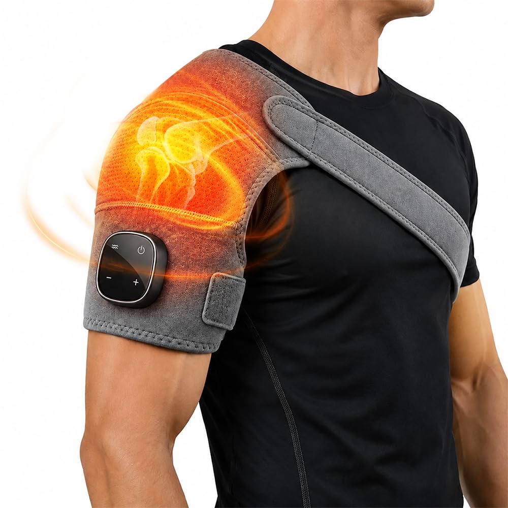 Masseur d'Épaule Sans Fil 5 Niveaux de Chauffage 3 Modes de Vibration Écran Tactile Design Ajustable Portable Gris
