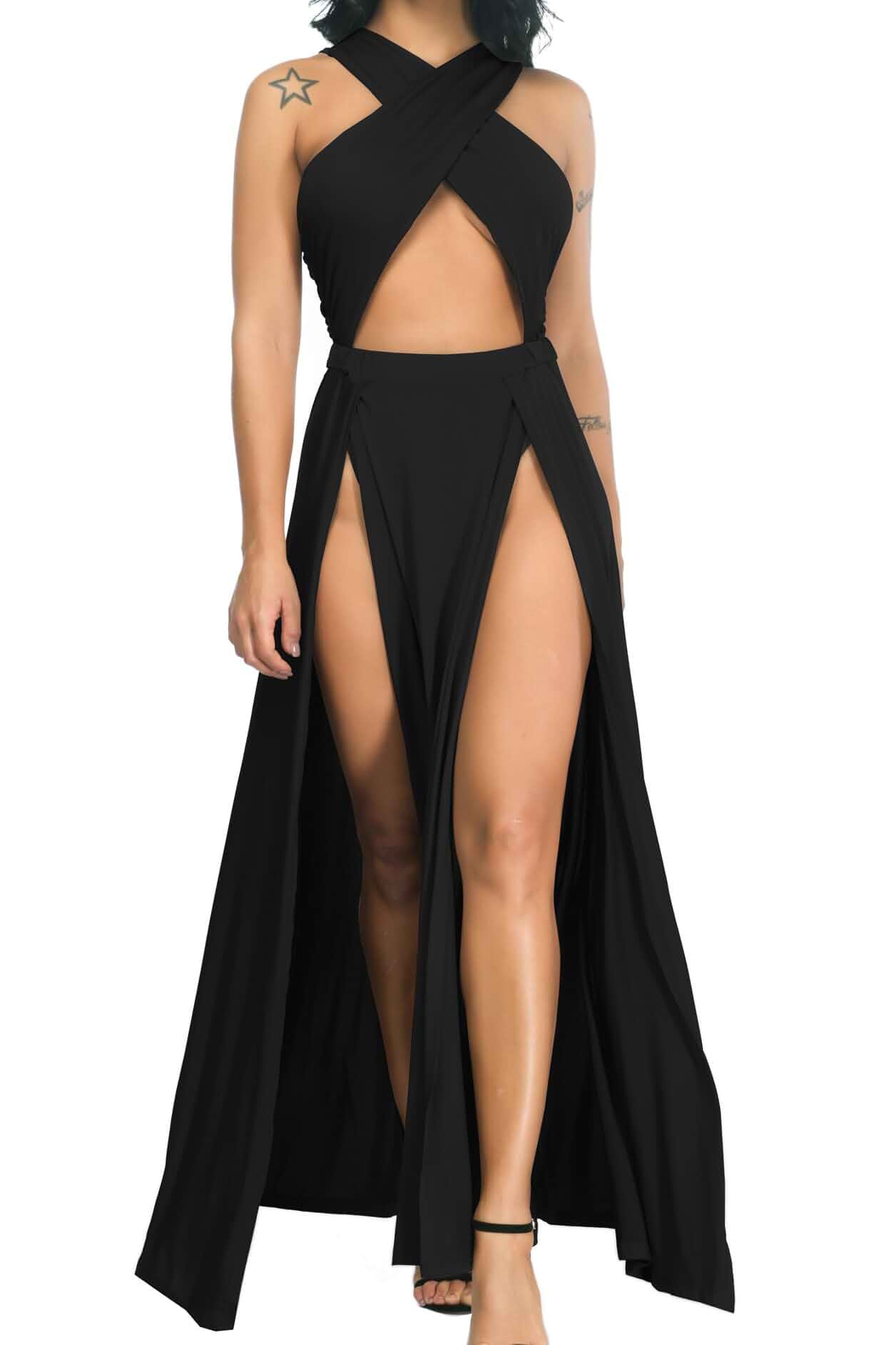 Velius Women Sexy Hollow Out Halter Wrap Sleeveless Plain Pleated Slit Casual Long Maxi Dress sleeveless