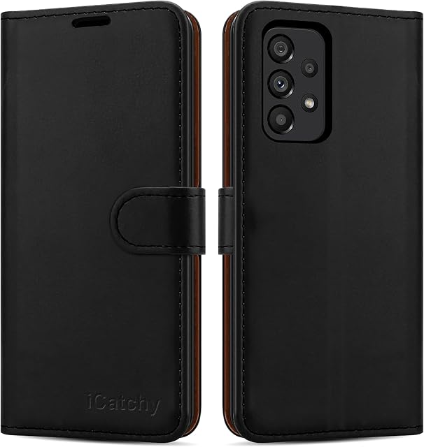 iCatchy for Samsung Galaxy A53 Case Leather Wallet Book Flip Folio Stand View Kickstand Card Slots Full Protection Folio Cover Compatible with Samsung A53 5G (Black)