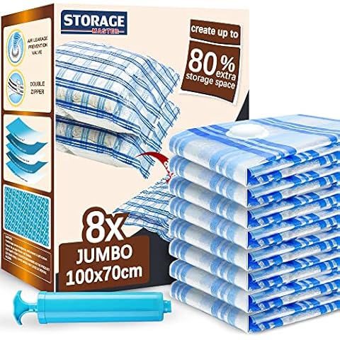 STORAGE MASTER Vacuum Storage Bags, 8-pack Jumbo Size Space Saver Bags 80% More Storage Space Work with Vacuum Cleaner + Hand Pump (Jumbo 8 Pack) Cover
