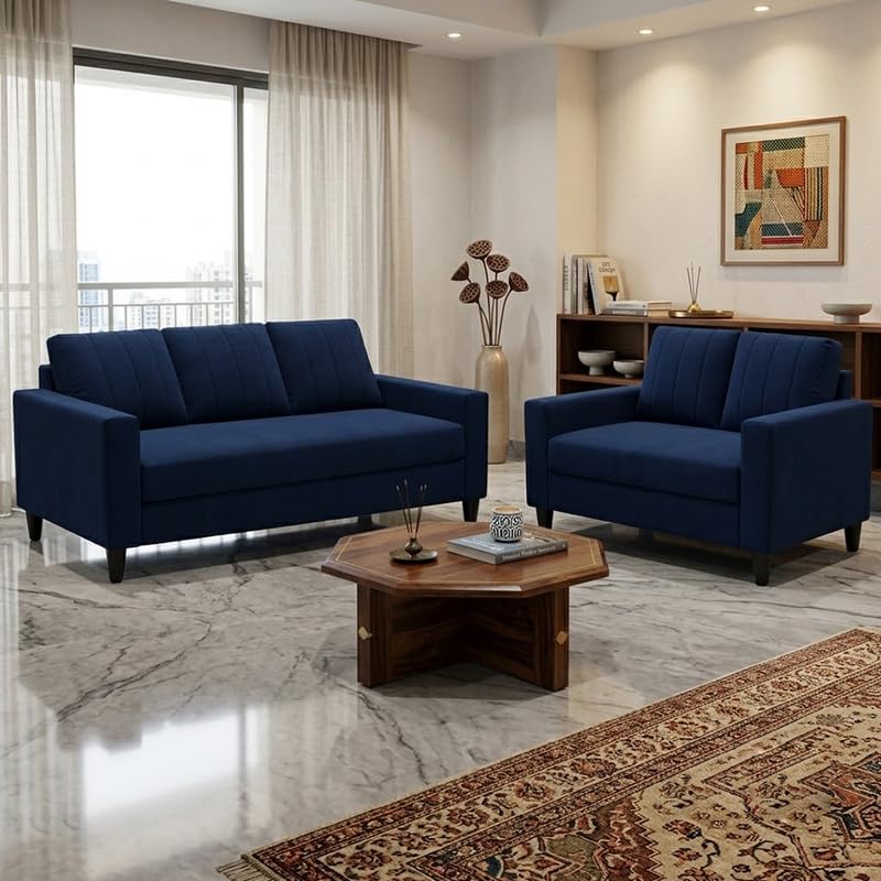 Image of Hendrick Plush Velvet 3 Seater + 2 Seater Sofa Set | Silken Velvet Suede Upholstery | Designer Sofa Set for Living Room & Office Spaces (Dark Blue)