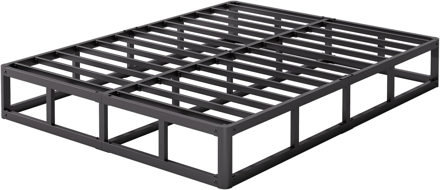 Queen Bed Frame, 8 Inch Metal Queen Box Spring with Fabric Cover, Heavy Duty Platform Frame Low to Floor, 3500 Lbs Weight Capacity Mattress Base, Easy Assembly, Black Queen 8 Inch