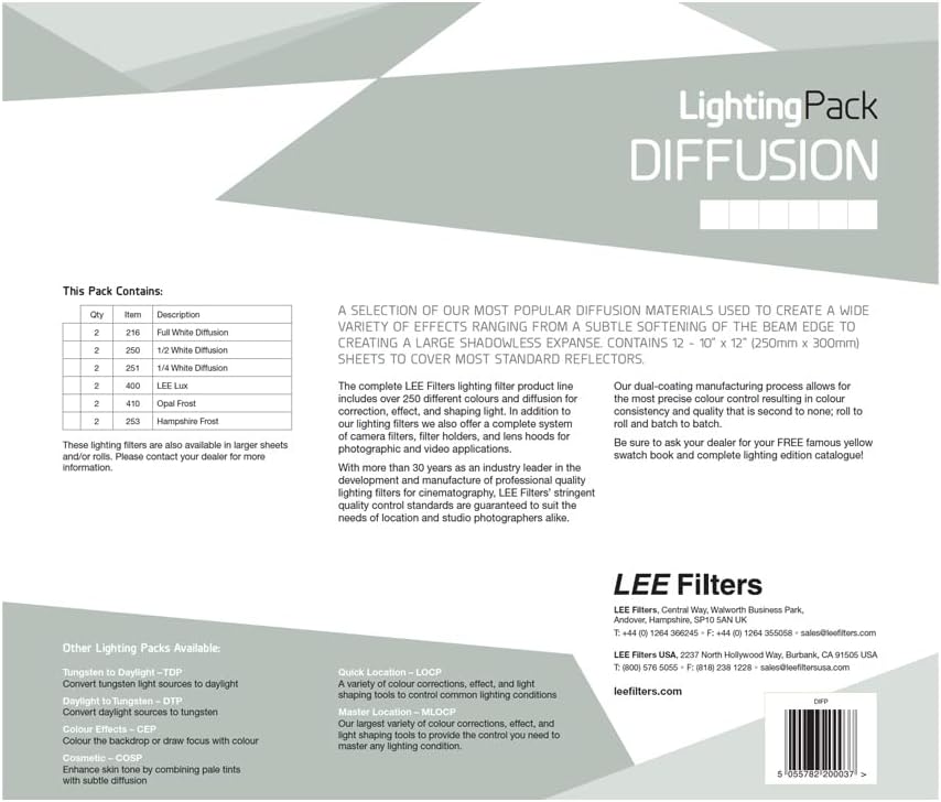 LEE Diffusion Studio Lighting Gel Filter Pack 250mm x 300mm – Contains 6 Diffusers, 2 Sheets Per Diffuser Totalling 12 Sheets