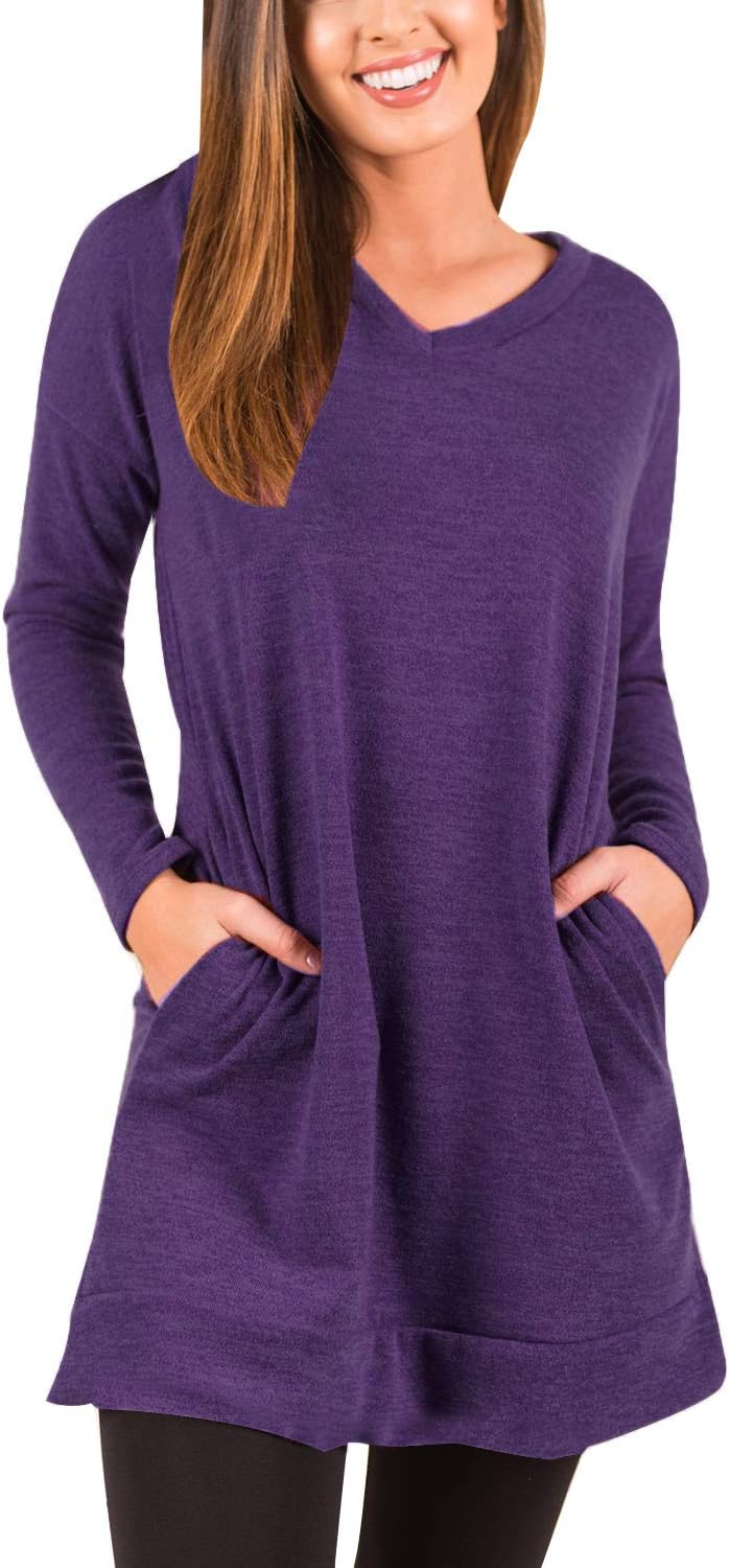 Women's Jumper Dress Long Sleeve V-Neck Tunic Sweatshirt Tops Loose Long Jumper Pullover Causal T-Shirt Dress Oversized Blouses