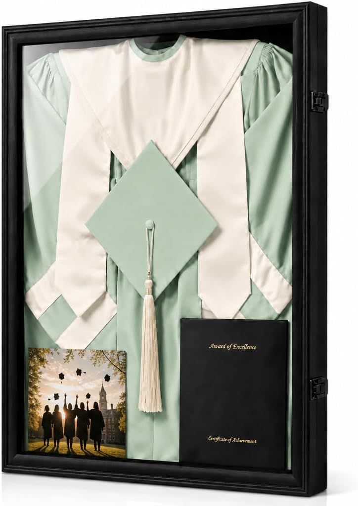 Black Lockable Graduation Cap and Gown Display Case 17x23, Wall Mounted Shadow Box Frame with UV Resistant Acrylic Door, Stores Diploma Tassel Medals Certificate & Graduation Memorabilia