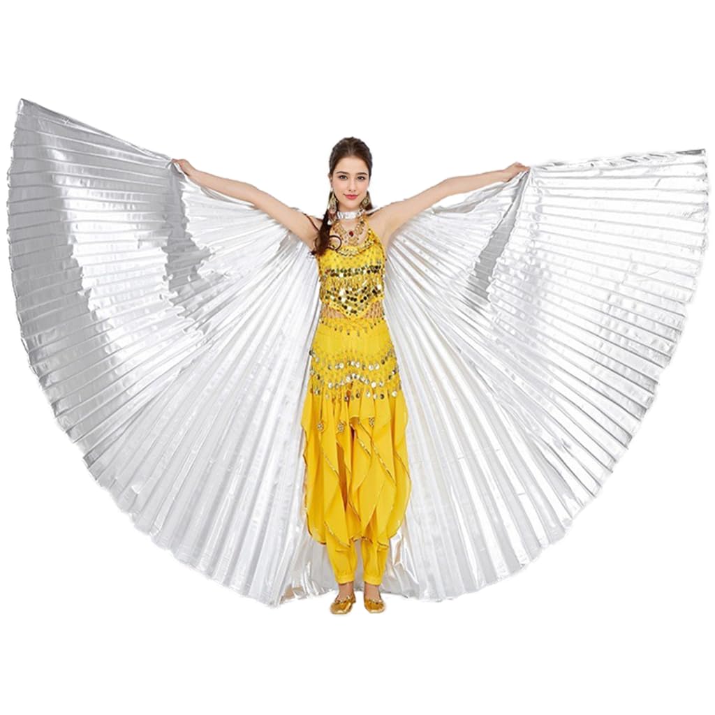 Leemiman Women's Silver Belly Dance Wings For Adult Belly Dance Costume For Halloween Carnival Performance Angel Wings With Sticks (Silver)