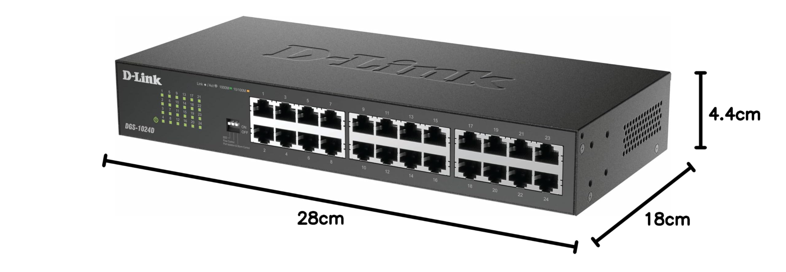 D-Link DGS-1024D - Switch 24 Puertos Gigabit (LAN RJ-45, sin gestión, 1000 Mbps por Puerto, QoS, Carcasa metálica, Montaje en Rack para pymes) Color Negro y Plata