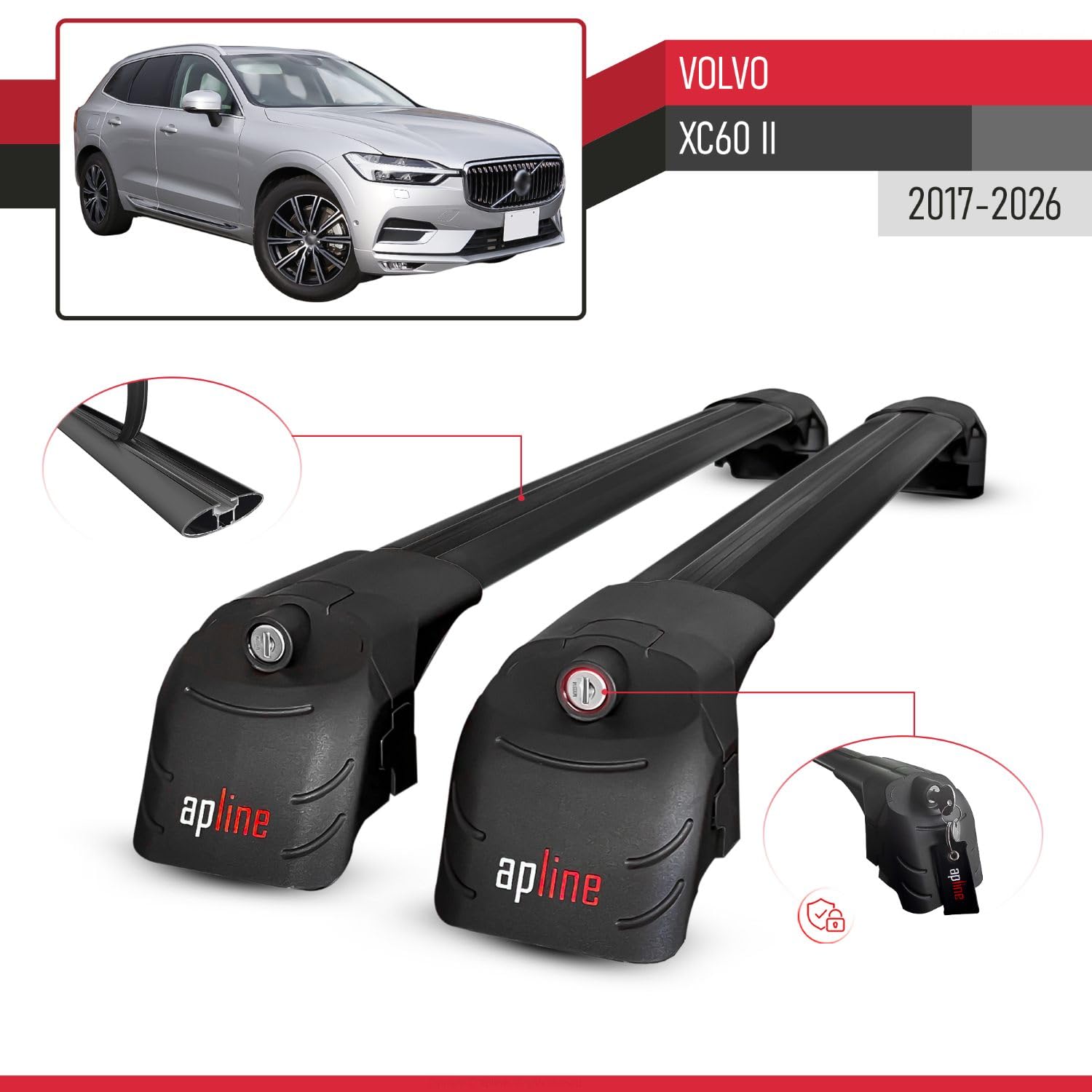 Kompatybilny z Volvo XC60 II 2017-2026 ACE-2 Model Aluminiowe poprzeczki dachowe Czarny 2 szt.