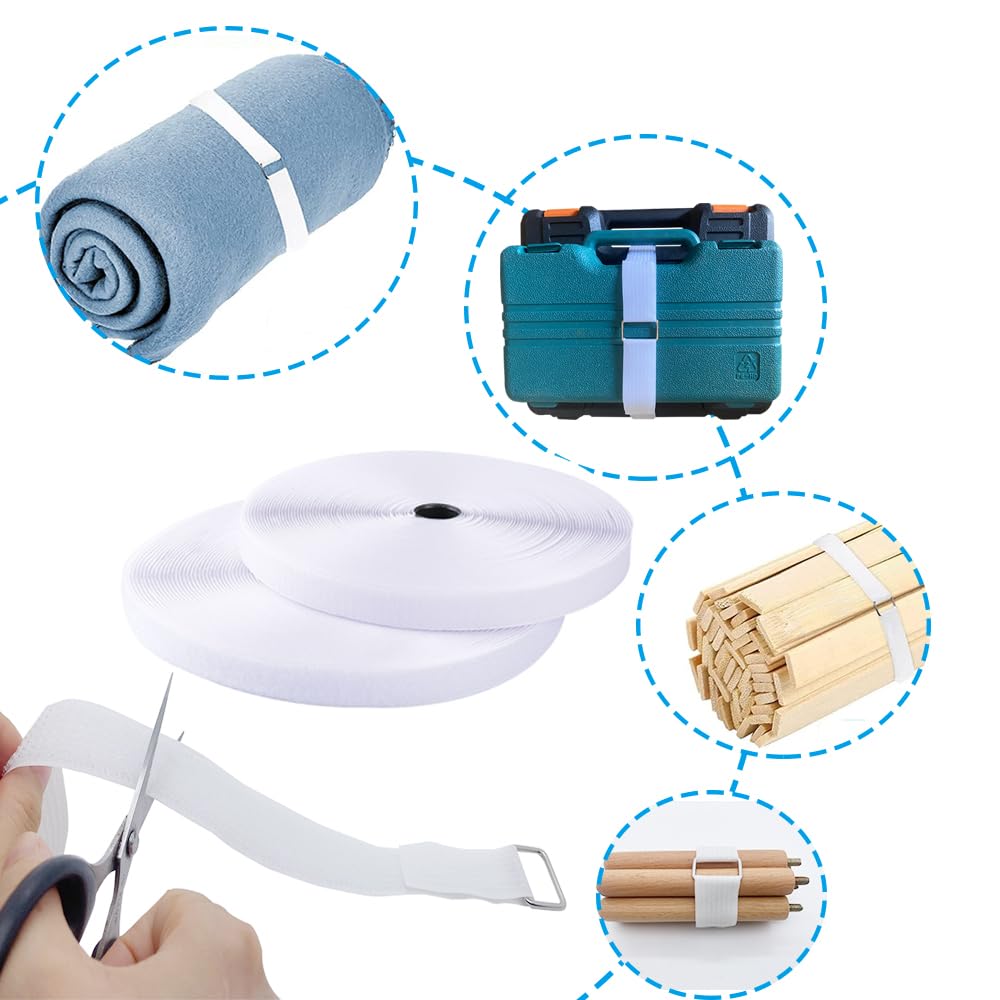 Correas de nailon blancas de 39 pies, rollo de gancho y bucle de 1 pulgada de ancho con 50 hebillas de metal, cables de gestión largos ajustables, bridas organizadas