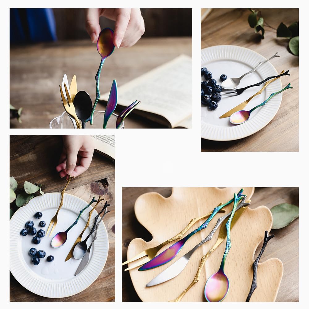 Juego de cubiertos de acero inoxidable, 12 piezas vintage con cuchillo, tenedor y cuchara, diseño creativo for pasteles y frutas.(Silver)