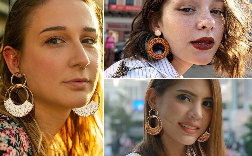 4 Pairs Handmade Raffia Rattan Bohemian Round Drop Dangle Earrings for Women, Boho Statement Cute Fun Hoop Earrings Set - Image 7