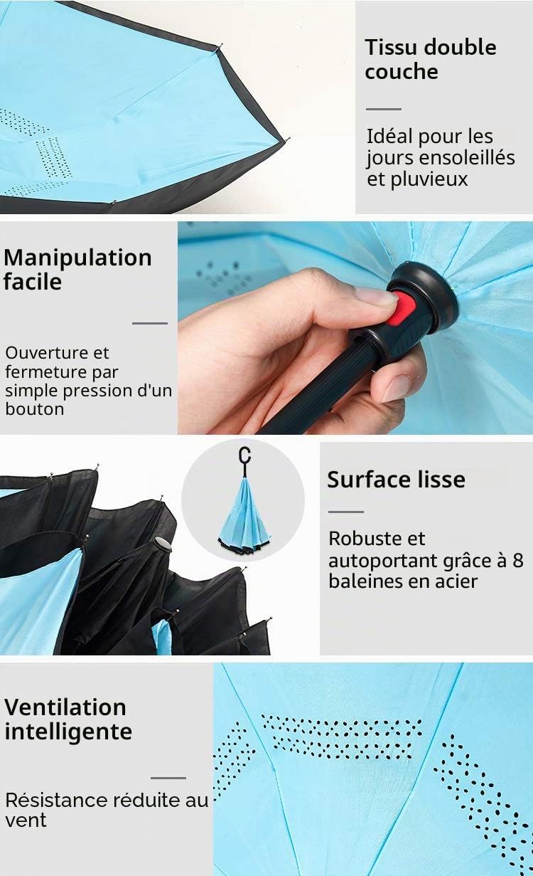 Parapluie inversé avec poignée en C. À manche inversé - Parasol à double couche. Coupe-vent - Résistant au vent et aux UV - Protège de la pluie, de la tempête et du soleil.