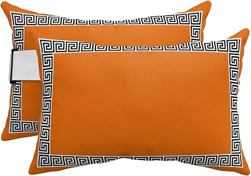 Paquete de 2 fundas de almohada lumbar de color naranja quemado, impermeables, para exteriores, con patrón de clave griega, geométrica, para patio,