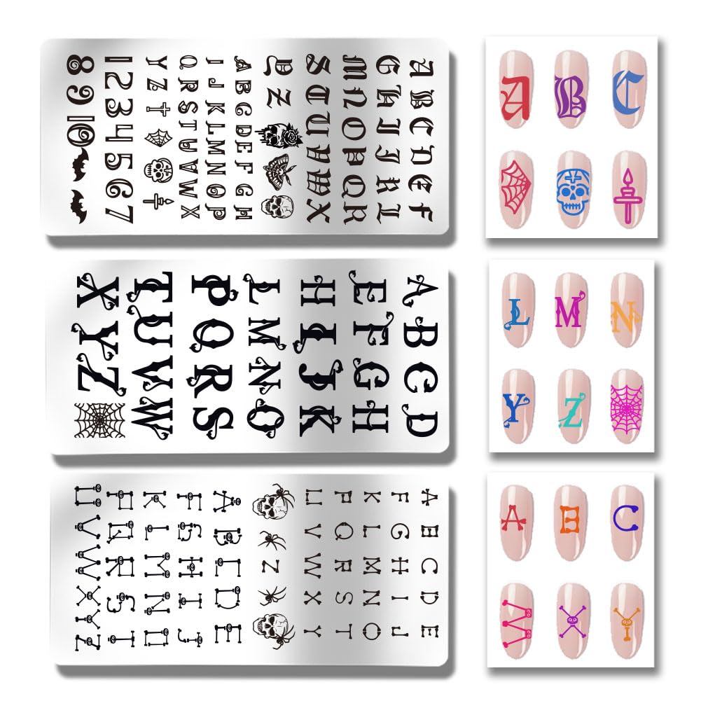 PH PandaHall 3pcs Letter Nail Stamping Plates Font Letters Number Nails Image Plates Gothic Style Skull Manicure Art Templates Alphabet Nail Art Stencils for Women Manicures DIY Design Printing - Image 3