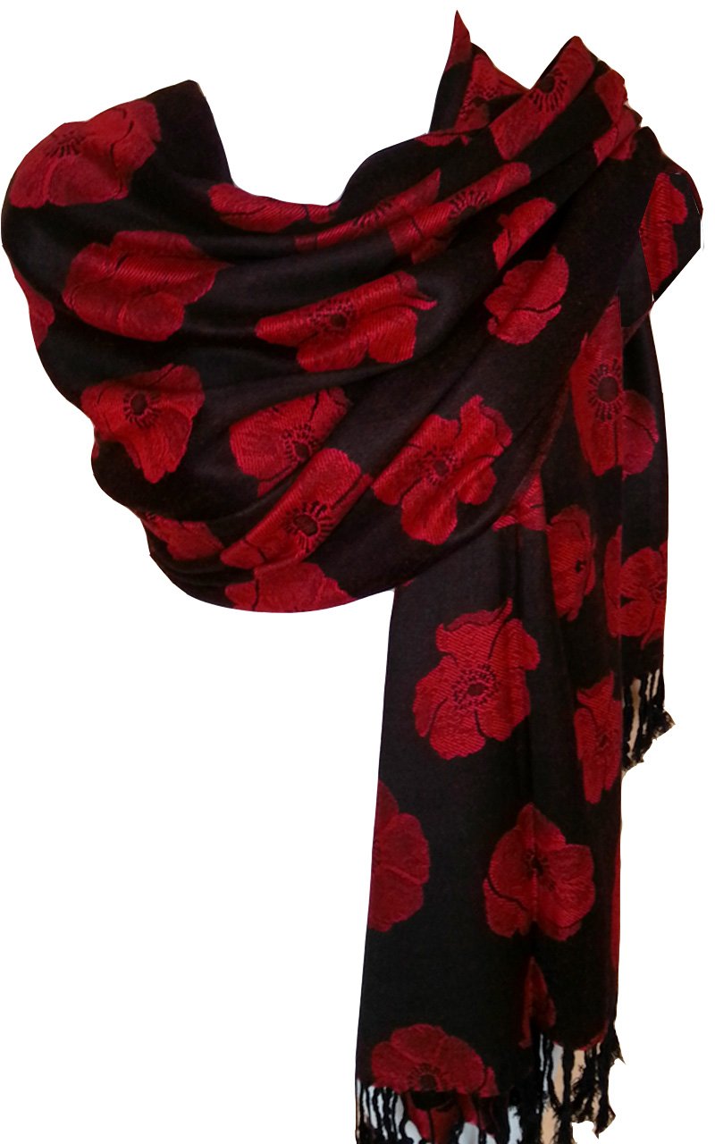 Glamlondon Women's Black Poppy Pashmaina Scarf, Soft Warm Viscose Pashminas Poppies Flower Shawl (Black)(Size:l)