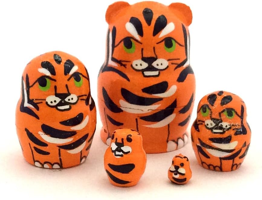 1.25" Tall Tiger MINI Nesting Dolls Russian Hand Carved Hand Painted 5 Piece Matryoshka Set