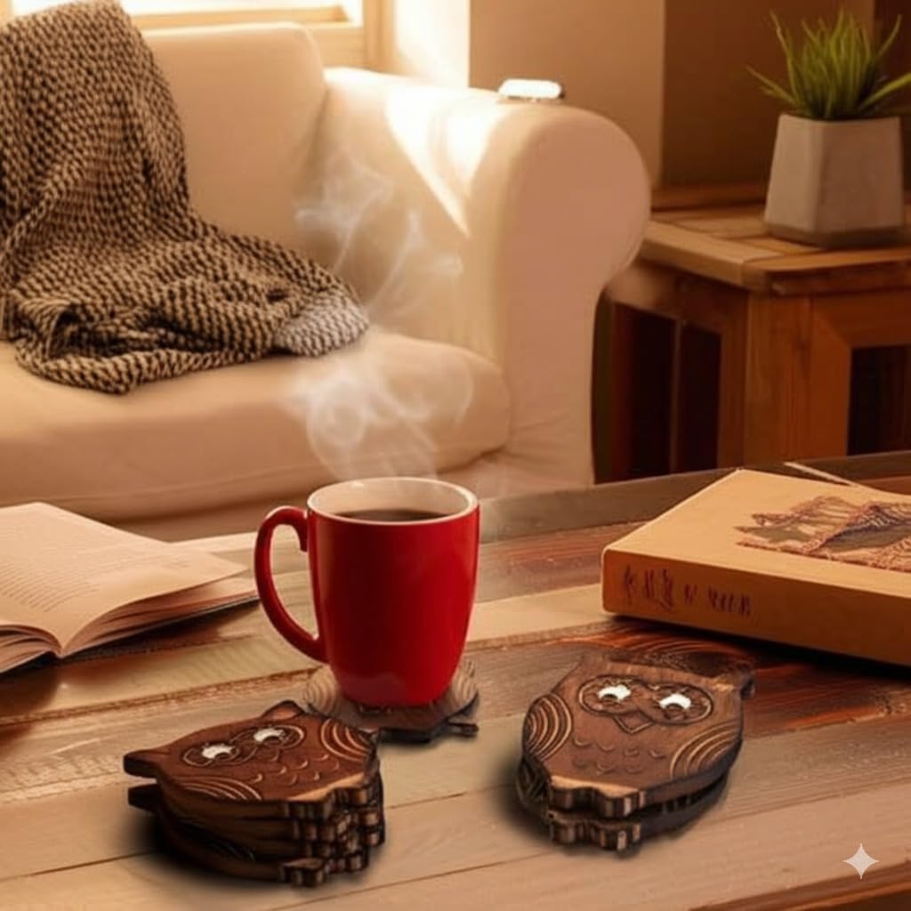 Set of 6 Wooden Owl Shaped Drink Coasters with Holder Kitchen Barware Dining Accessory image 2