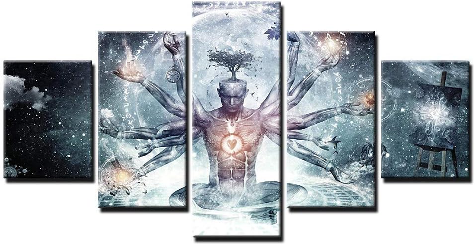5 Piece/Set Buddha Zen Meditation Painting Grey Contemporary Abstract Canvas Prints Wall Art Religion Buddhist Bedroom Mural Home Decorations Size 150x80cm, Unstretched