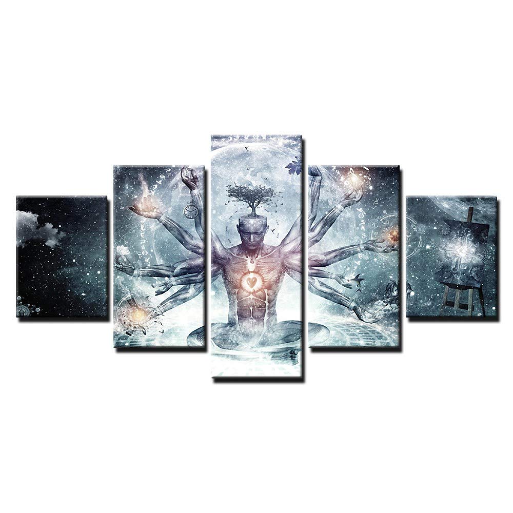 5 Piece/Set Buddha Zen Meditation Painting Grey Contemporary Abstract Canvas Prints Wall Art Religion Buddhist Bedroom Mural Home Decorations Size 150x80cm, Unstretched