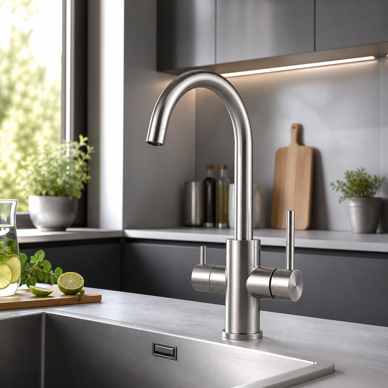 VANTO INOX 3 Wege Wasserhahn Küche Set – Edelstahl 304 Küchenarmatur Hochdruck – Untertisch Wasserfilter Trinkwasserfilter mit BRITA P1000, Filterkopf Schläuchen & Adapter | C-Auslauf