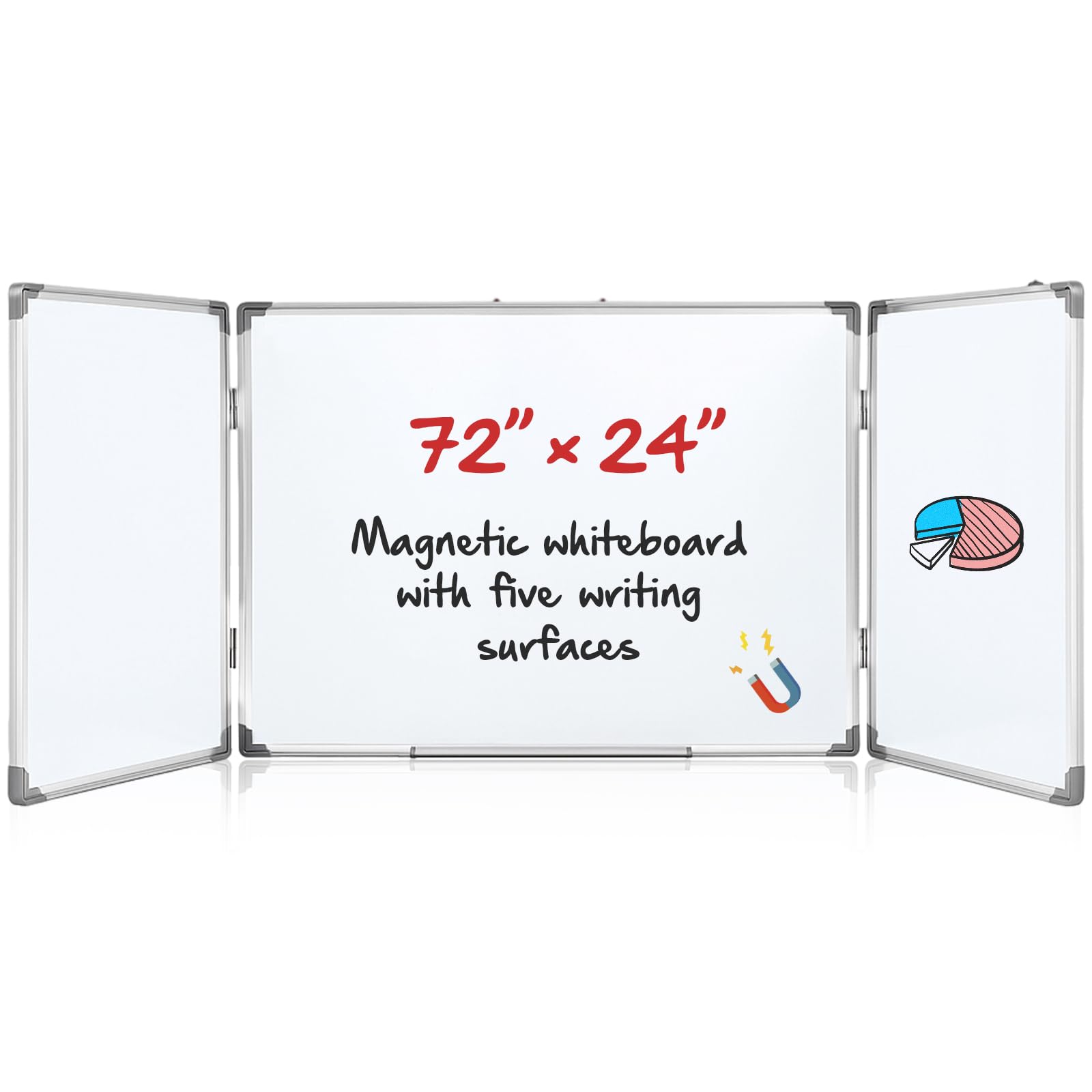 amazingspark 72" x 24" foldable whiteboard dry erase board large tri folding whiteboard magnetic dry erase board, wall aluminium frame and flip out pen tray for office, home