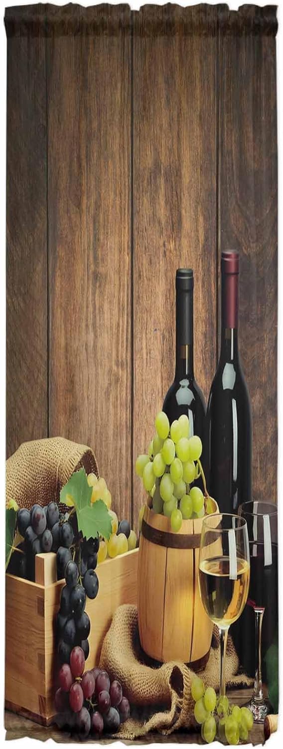 Rod Pocket French Door Curtain, Kitchen Door Panels Wine Glasses Barrel and Fruit Grapes Light Filtering Room Divider Curtain Cover Curtains for Windows Wooden Texture (Tie-Back Included, 1 Panel)