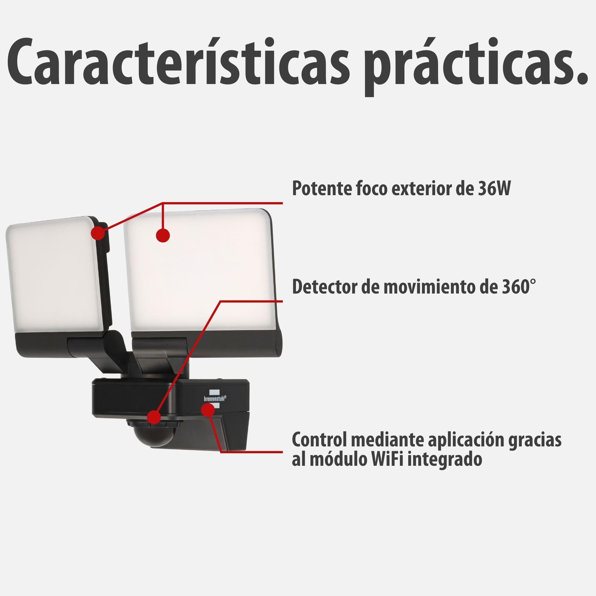Brennenstuhl Connect WiFi Foco LED doble WFD 3051 P con detector de movimiento (36W, 4300lm, IP54, varias funciones de luz ajustables a través de la app, foco de exterior para montaje en pared)