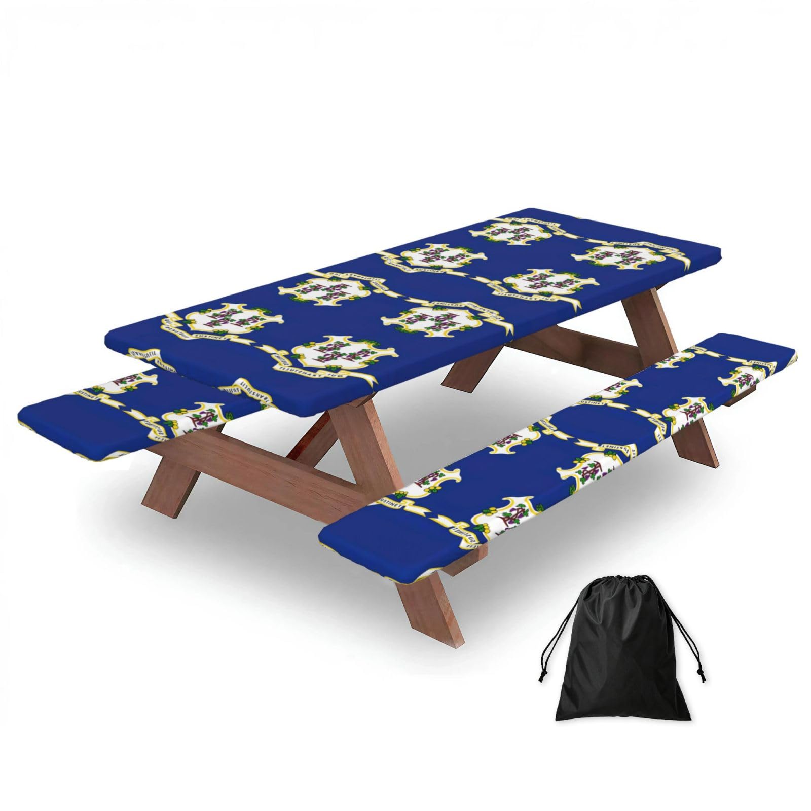 Zyjhyy Black Connecticut State Flag Print 3 Pack Wipeable Picnic Bench Cover And Table Cover Lightweight Table Cloth For Camping Outdoor