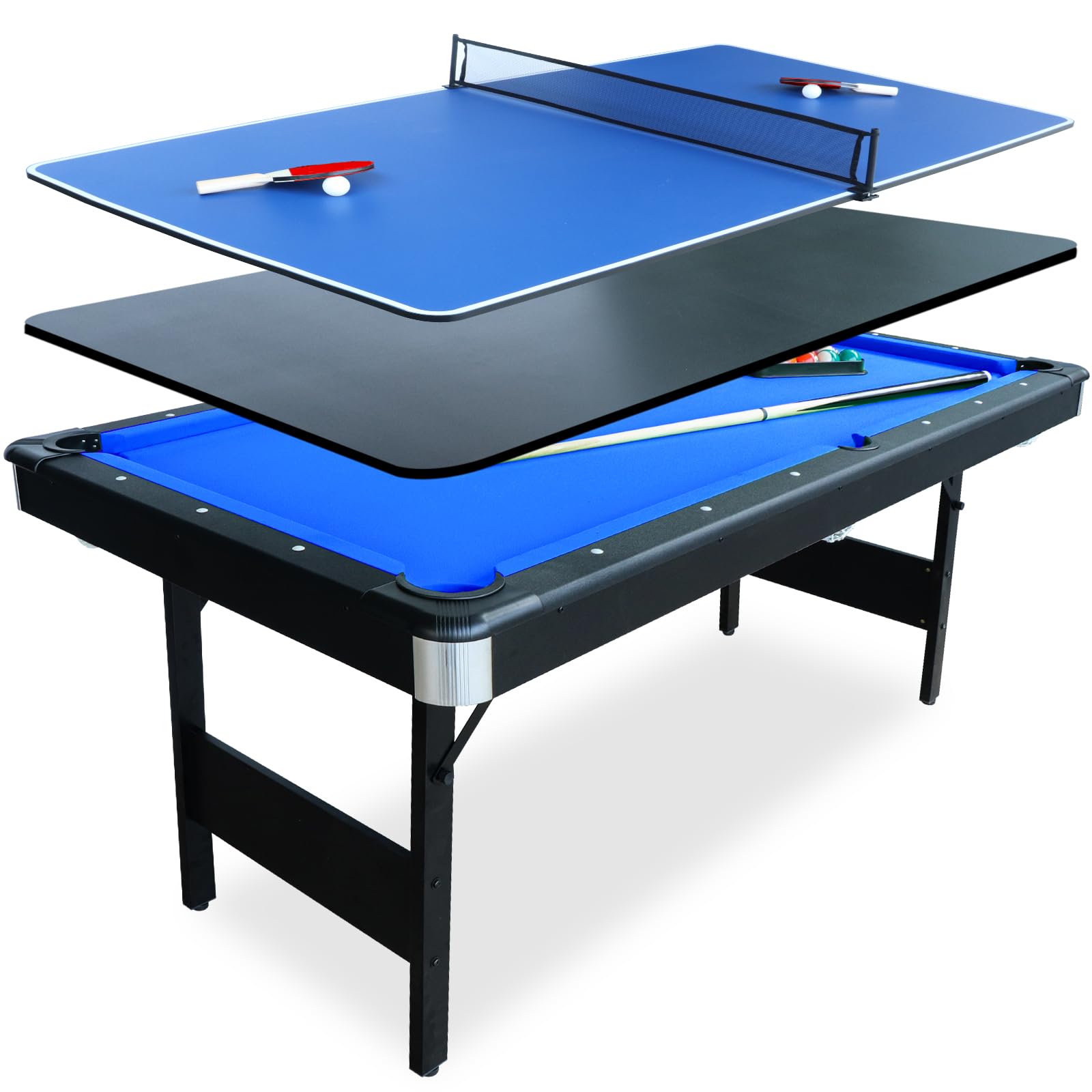 Seydrey 6 Ft Portable Foldable Pool Table with All Accessories – No Assembly Billiards Table - (damage to middle pocket and one corner of pool table, as well as one corner of ping pong table top)