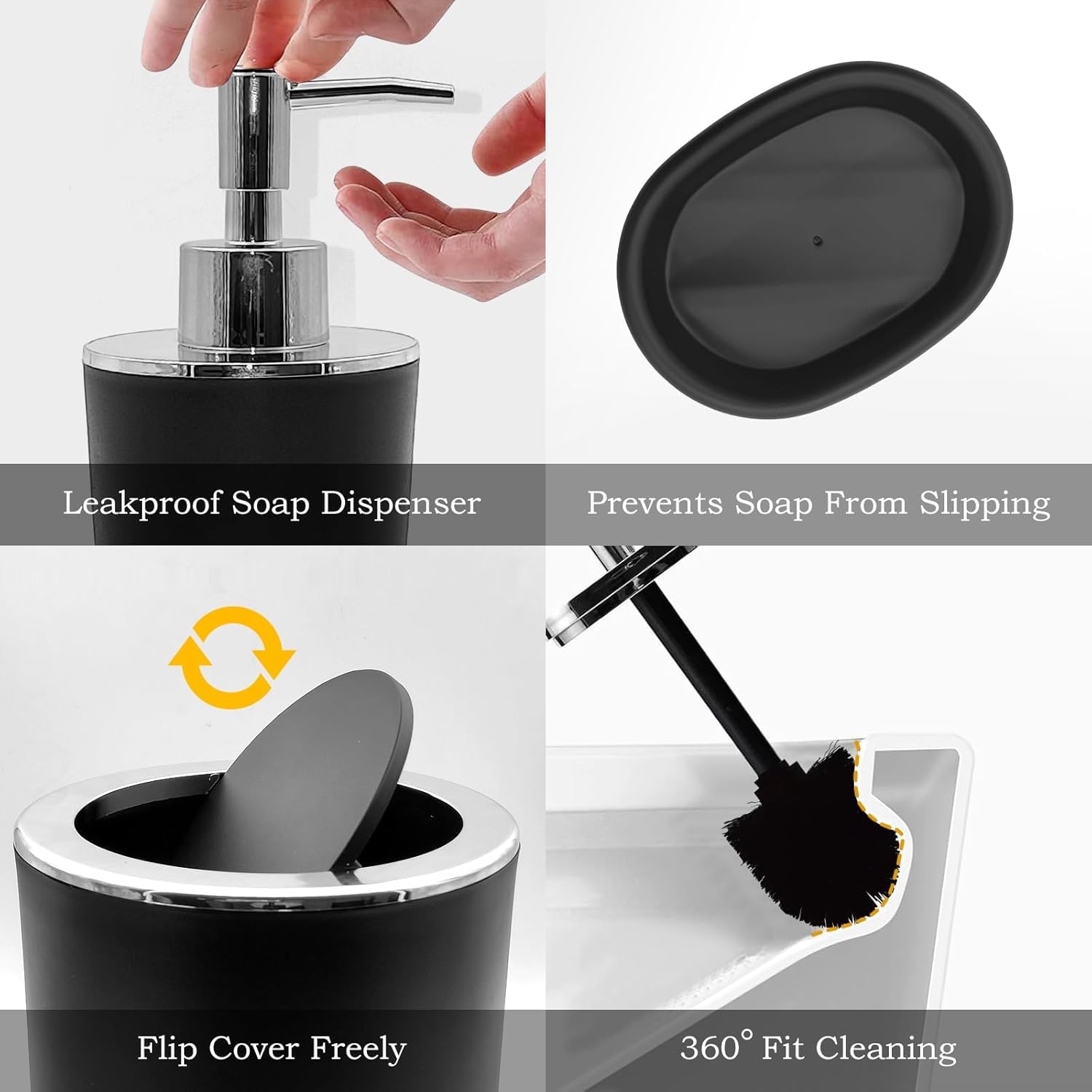 Black Bathroom Accessories Set,8-Piece with Trash Can,Soap Dispenser,Toothbrush Holder,Toothbrush Cup,Vanity Tray,Soap Dish,Toilet Brush and Clear Plastic Qtip Holder