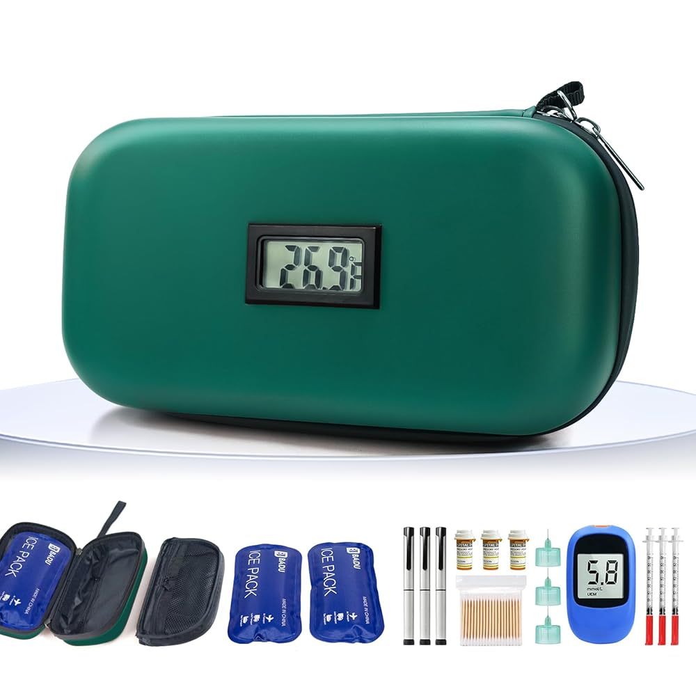 Gosemai TSA Approved Insulin Cooler Travel Case Medication Cooler for Travel with Thermometer Temperature Display Diabetic Medication Organizer Medical Travel Cooler Bag with 2 Ice Pack (Dark Green)