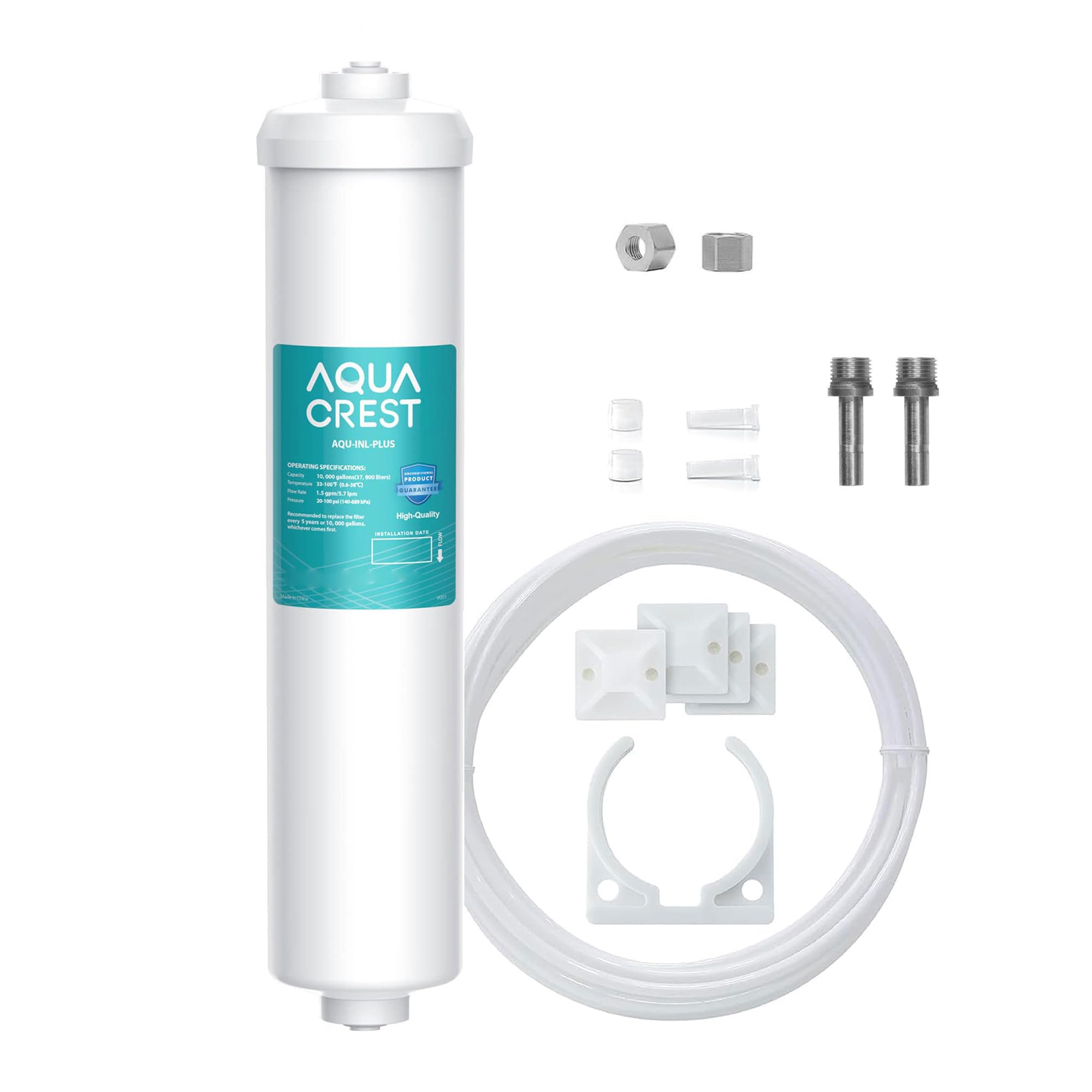 AQUACREST In-Line Water Filter for Refrigerator and Ice Maker, 5 years or 10,000 Gallons High Capacity, 1/4-Inch Direct Connect Fittings, Reduces Chlorine, Bad Taste & Odor