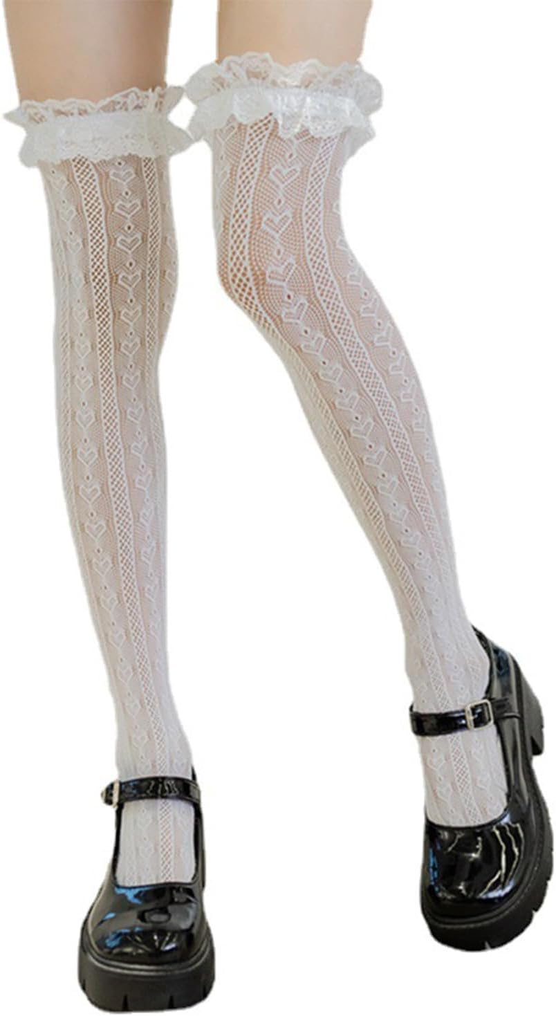 Thigh High Stockings with Bow, Santa Accessory Y2K Fishnet Socks with Lace Brim Lingerie Tights for Women