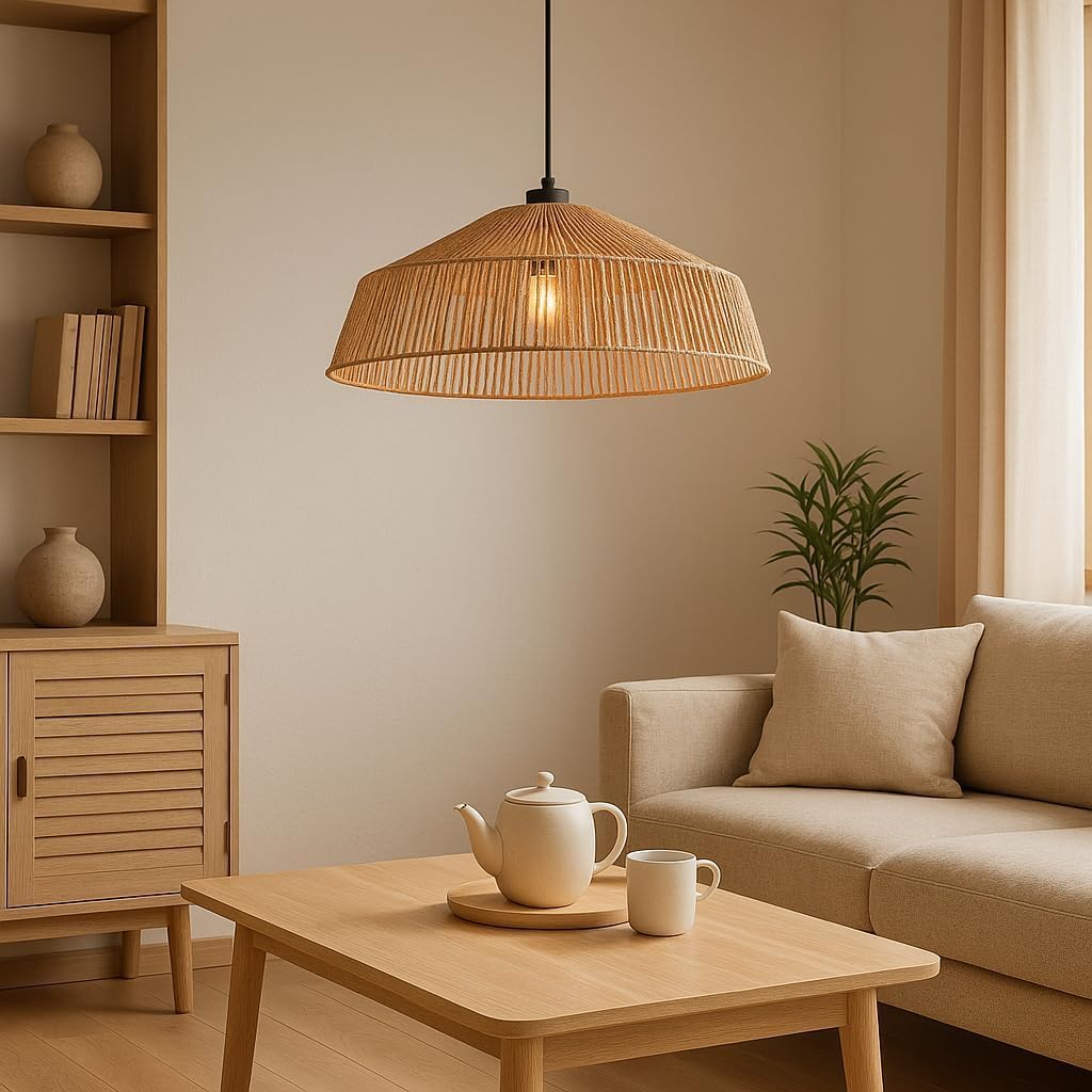 Lampadario a Sospensione in Stile Boho 40/50cm, Paralume in Rattan/Filo di Corda, Attacco E27, Altezza Regolabile, Illuminazione per Cucina Soggiorno Sala da Pranzo – Naturale LP-48 (G 50CM)